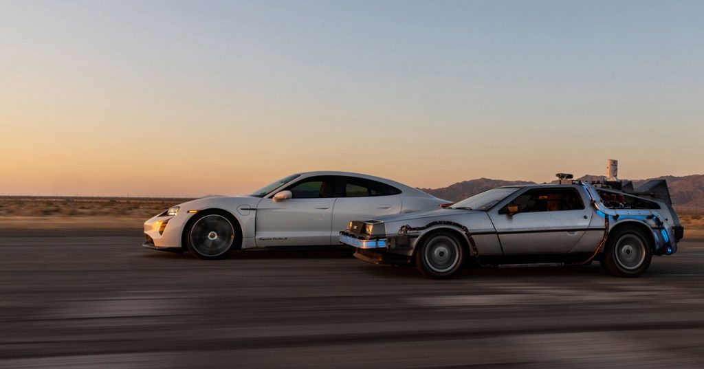 Porsche Taycan and a DeLorean go "Back to the Future"