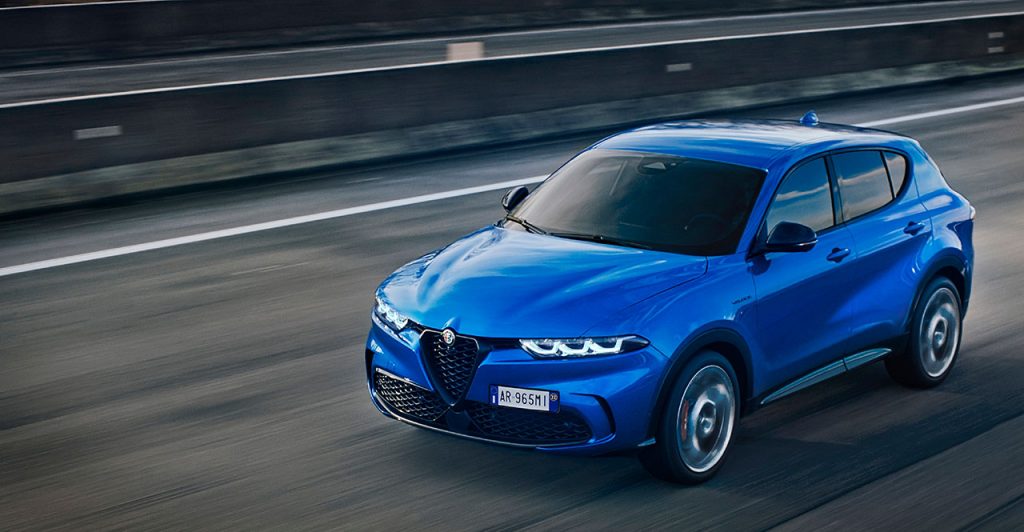 The 2023 Alfa Romeo Tonale Veloce (European-spec) heads down a highway somewhere in Europe.