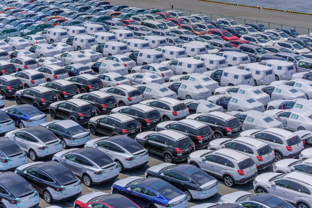 Vehicles at an export terminal waiting to be shipped