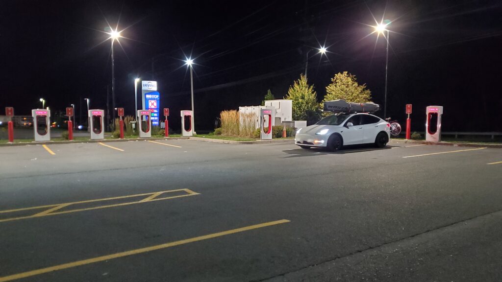 Tesla Model Y at a Supercharger in NB Canada on 2022-08-29 22.44.49