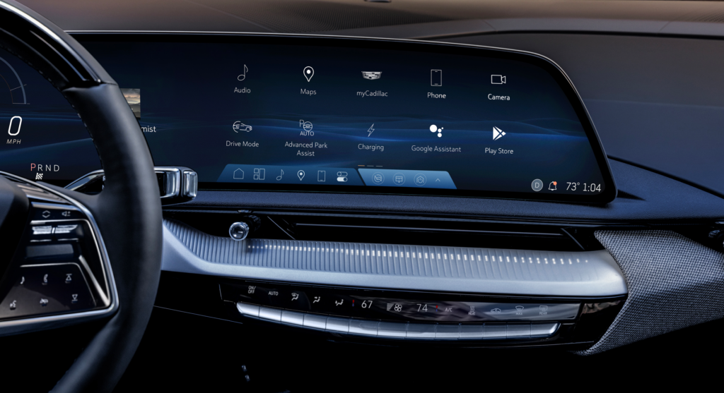 Close-up of the 2025 Cadillac OPTIQ’s 33-inch-diagonal interface and display with 9K resolution.