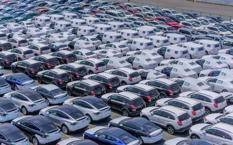 Vehicles at an export terminal waiting to be shipped