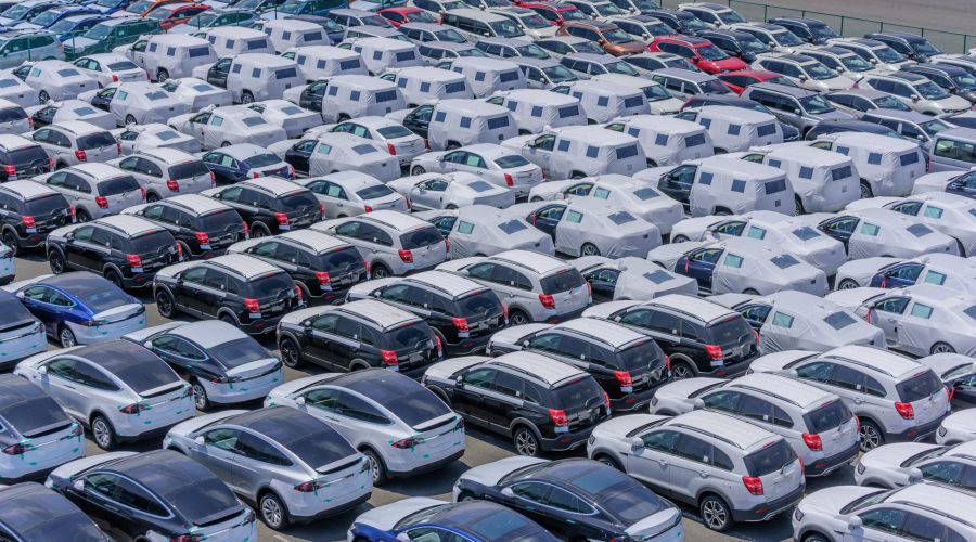 Vehicles at an export terminal waiting to be shipped