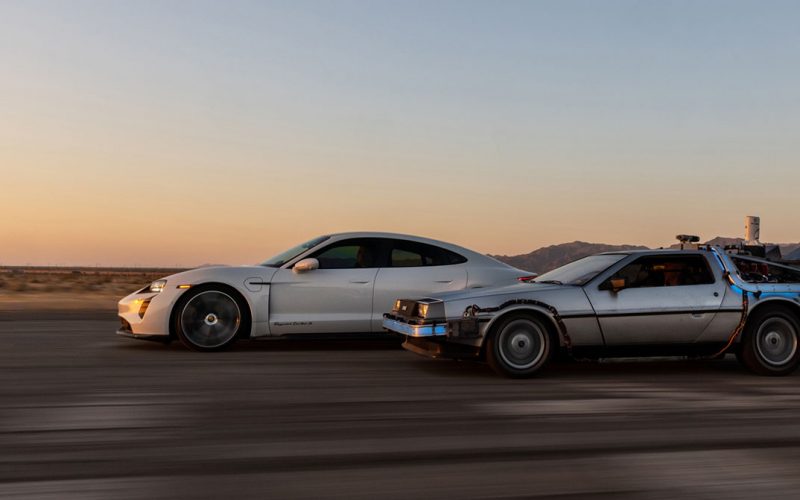 Porsche Taycan and a DeLorean go "Back to the Future"