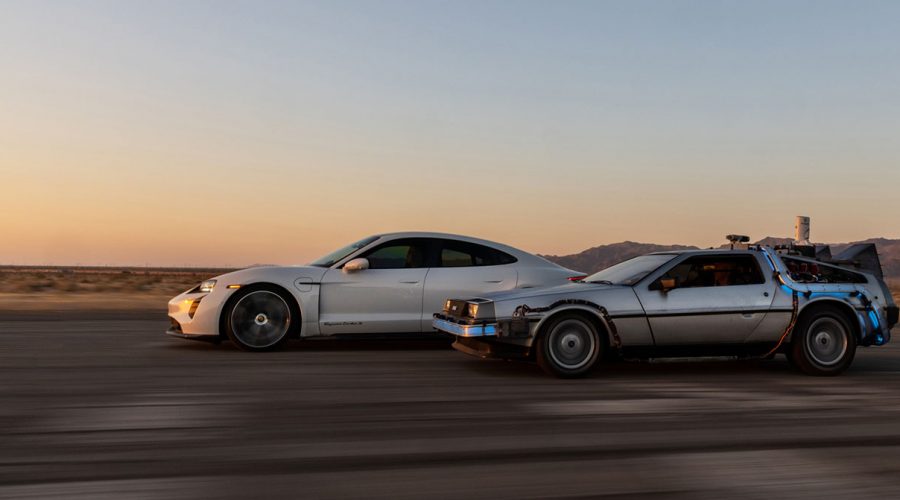 Porsche Taycan and a DeLorean go "Back to the Future"